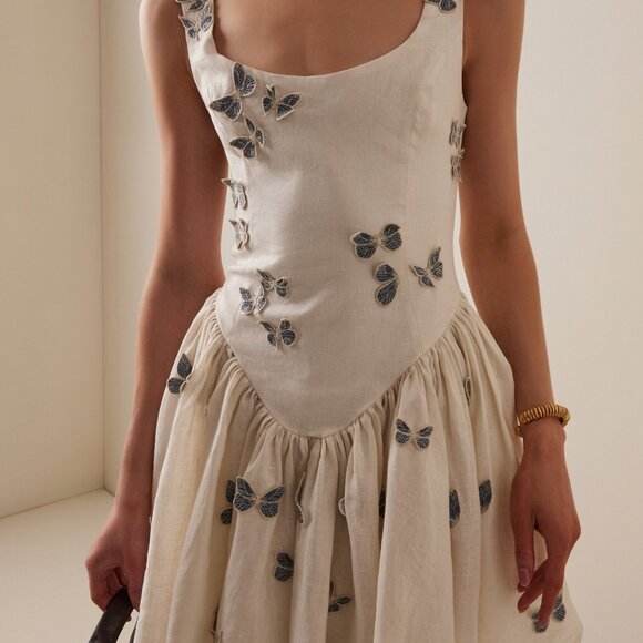 AGUA BY AGUA BENDITA Pluma Lymanopoda appliquéd gathered linen mini dress - Picture 1 of 13